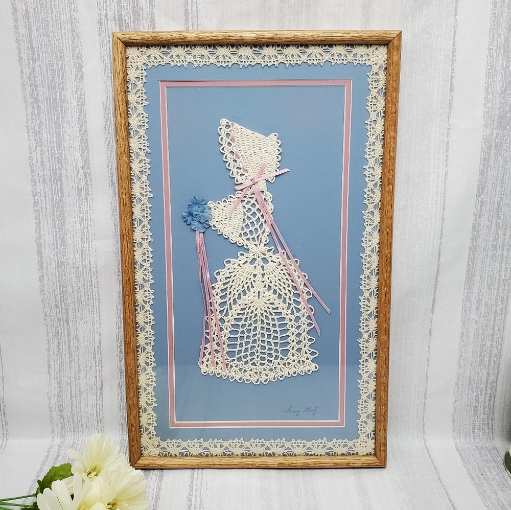 Vintage Framed Crochet Art Fair Maiden Prairie Dress